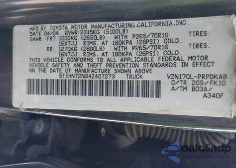 2004 Toyota Tacoma Base V6 from USA, damaged, VIN 5TEHN72N34Z407273